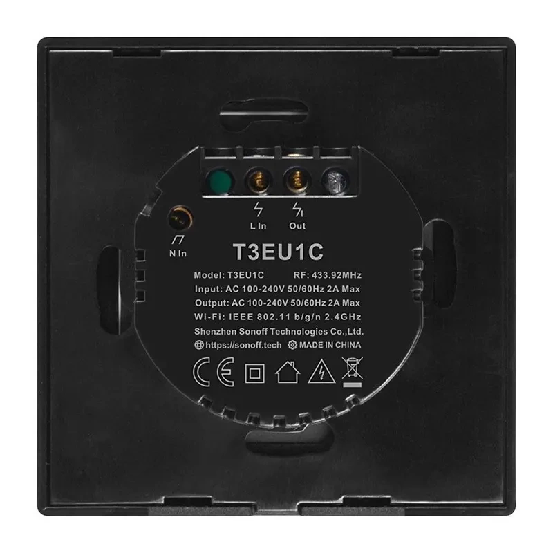 Sonoff T3EU1C-TX - Întrerupător touch, 1 buton, Wi-Fi + RF 433 MHz, Negru
