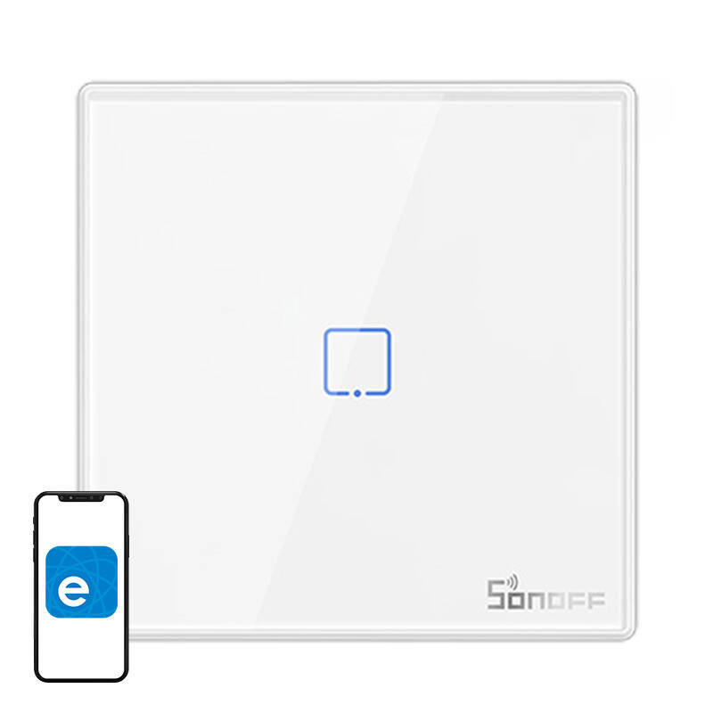 Sonoff T2EU1C-RF – Întrerupător touch, alb, 1 buton, RF 433 MHz, compatibil cu releele RF