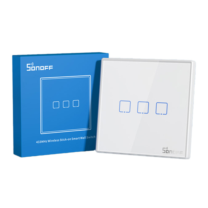 Sonoff T2EU1C-RF – Întrerupător touch, alb, 3 butoane, RF 433 MHz, compatibil cu releele RF