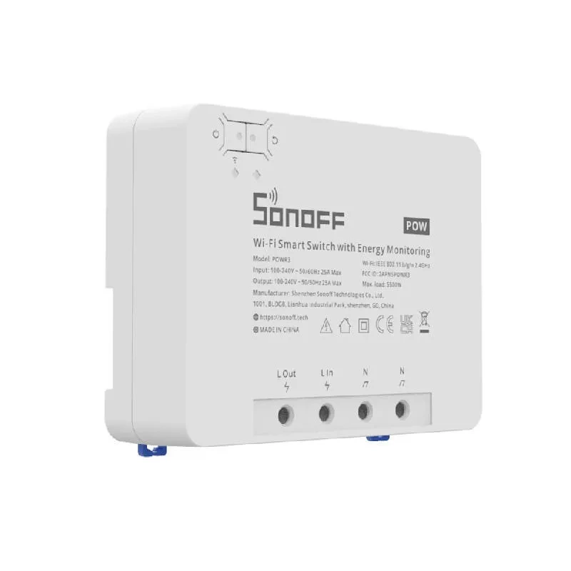 Releu de comanda smart WiFi Sonoff POWR3, 1 canal, 25A/5500W, 2.4 GHz, contorizare consum