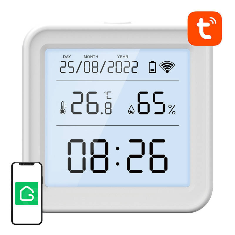 Senzor de temperatură și umiditate WiFi Gosund S6, ecran LCD cu iluminare, ceas, fără hub, 3 baterii AAA