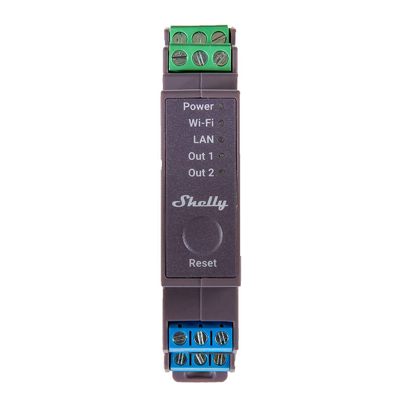 Shelly Pro 2 – Releu inteligent cu 2 canale, WiFi + Bluetooth, montaj pe șină DIN, 16A pe canal