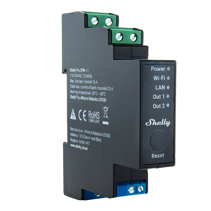 Shelly Pro 2PM – Releu inteligent WiFi pentru șină DIN, 2 canale, 16A pe canal, cu monitorizare consum
