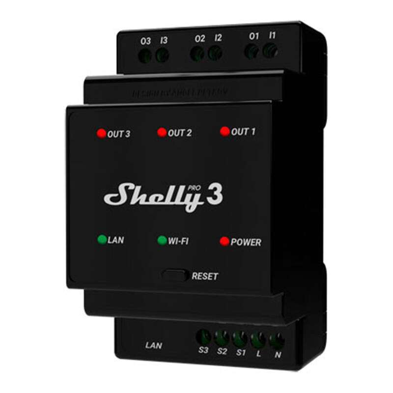 Shelly Pro 3 – Releu inteligent WiFi pentru șină DIN, 3 canale, contacte uscate, 16A pe canal