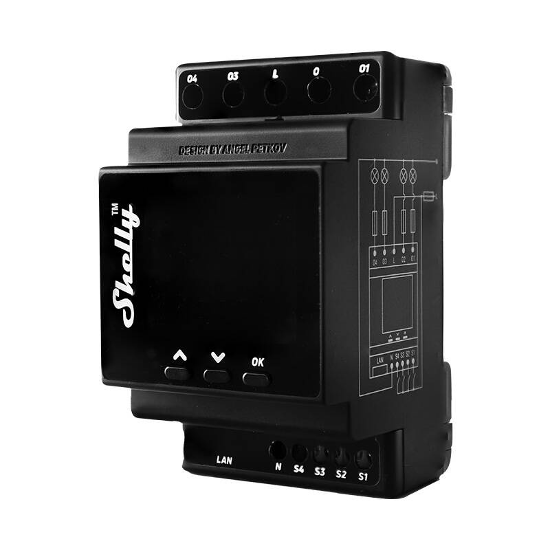 Shelly Pro 4PM – Releu inteligent WiFi pentru șină DIN, 4 canale, 16A pe canal, cu monitorizare consum