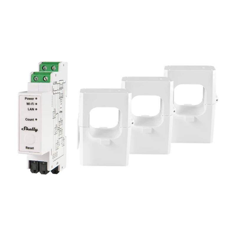 Shelly Pro 3EM – Contor inteligent de energie trifazat, WiFi, 400A, montaj pe șină DIN
