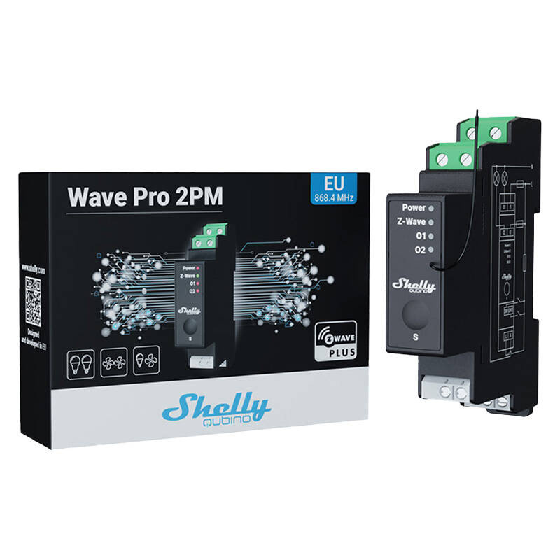 Shelly Qubino Pro 2PM – Releu inteligent Z-Wave pentru șină DIN, 2 canale, 16A pe canal, cu monitorizare consum