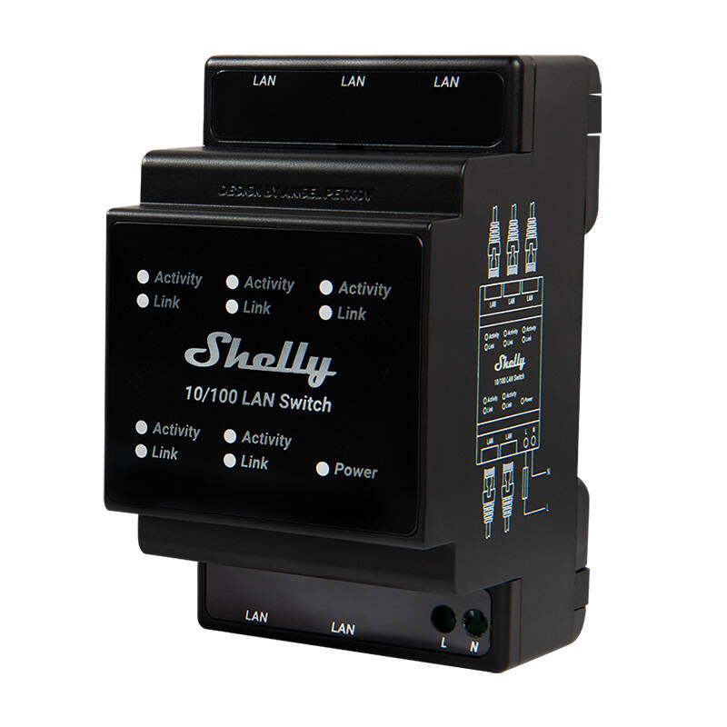 Shelly LAN Switch – Switch Ethernet Gigabit cu 5 porturi RJ45, montaj pe șină DIN