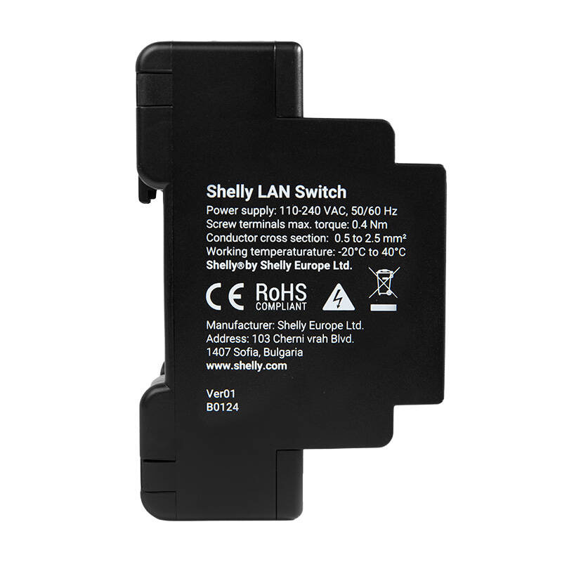 Shelly LAN Switch – Switch Ethernet Gigabit cu 5 porturi RJ45, montaj pe șină DIN