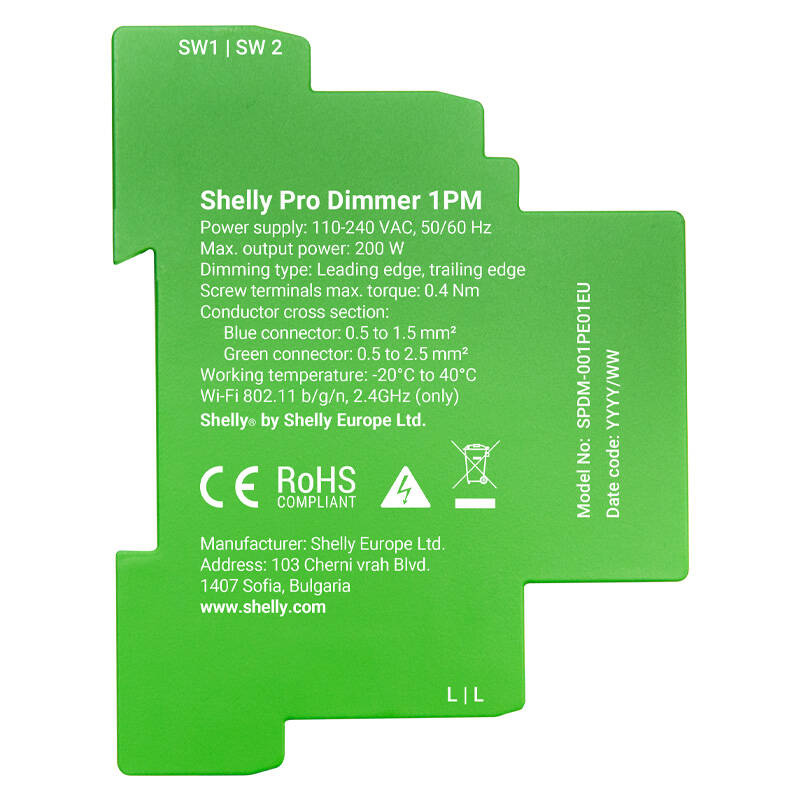 Shelly Pro Dimmer – Releu inteligent WiFi pentru șină DIN, 1 canal, cu reglare intensitate