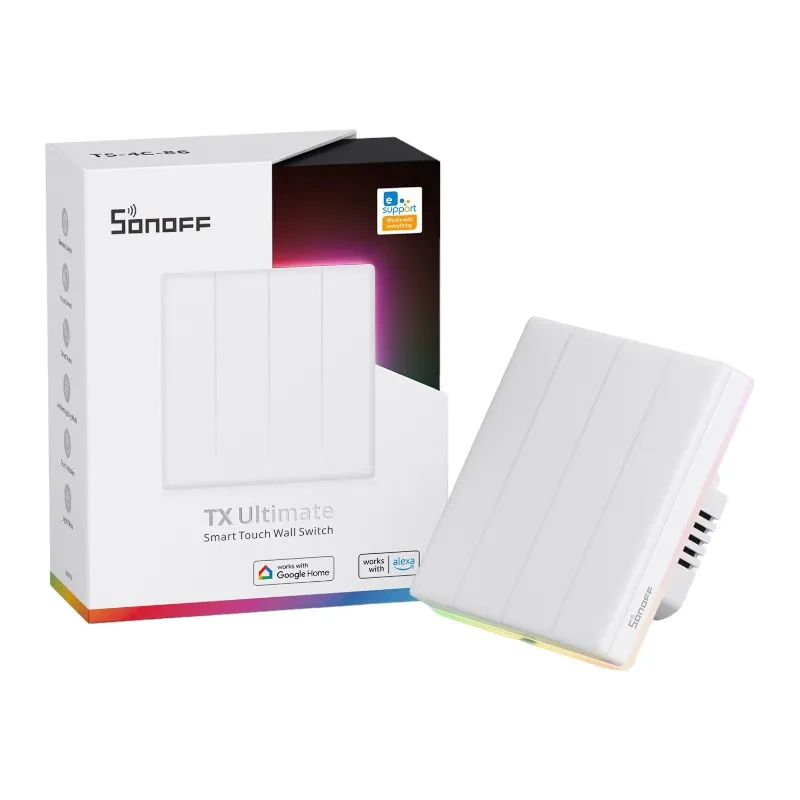 Sonoff TX T5 4C – Întrerupător Tactil Inteligent Wi‑Fi cu 4 Canale, Iluminare LED RGB și Control Multizonal