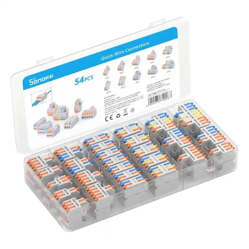 Sonoff D1‑2 – Set de 54 conectori rapizi reutilizabili pentru îmbinarea cablurilor electrice, 250 V 32A, cupru roșu + carcasă PC