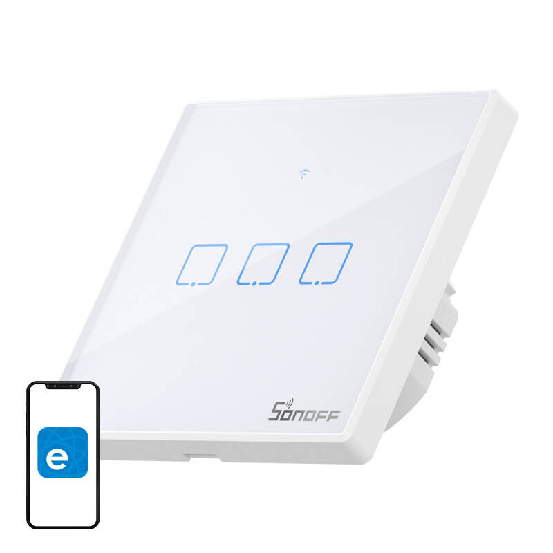 Sonoff T2 EU TX – Întrerupător tactil smart Wi-Fi și RF 433 MHz, 3 butoane, design elegant, compatibil Alexa și Google