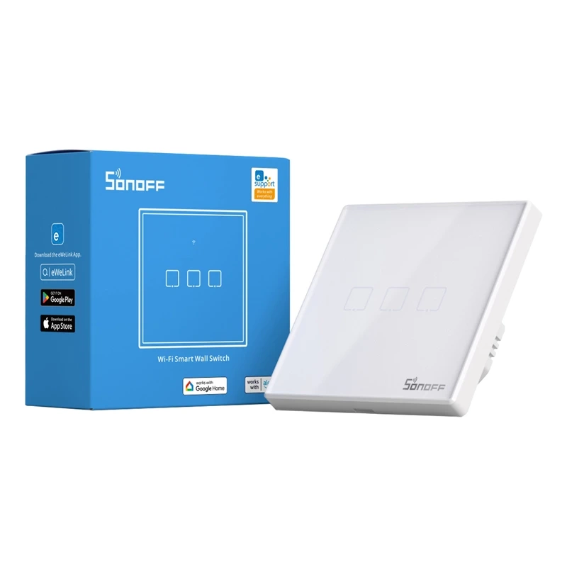 Sonoff T2 EU TX – Întrerupător tactil smart Wi-Fi și RF 433 MHz, 3 butoane, design elegant, compatibil Alexa și Google