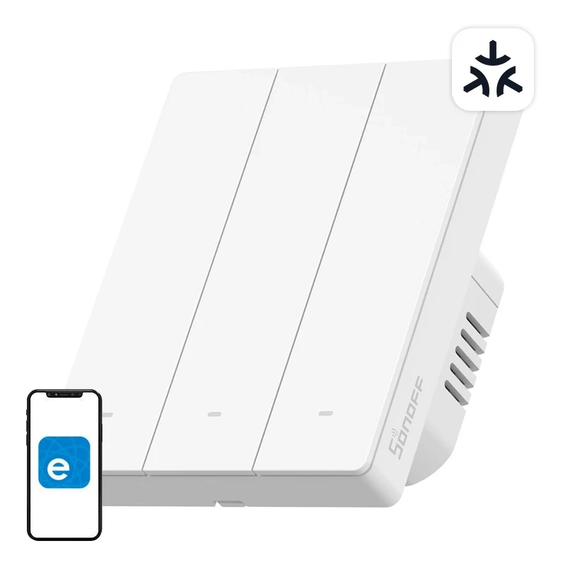 Sonoff M5-3C-80W – Întrerupător smart Wi-Fi, 3 butoane 2A pe canal, LED reglabil, scene și cronometre, compatibil Matter