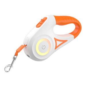 Rojeco RQYS-04 – Lesă automată retractabilă pentru câini, 5m, cu bandă LED, potrivită până la 35 kg, alb și portocaliu