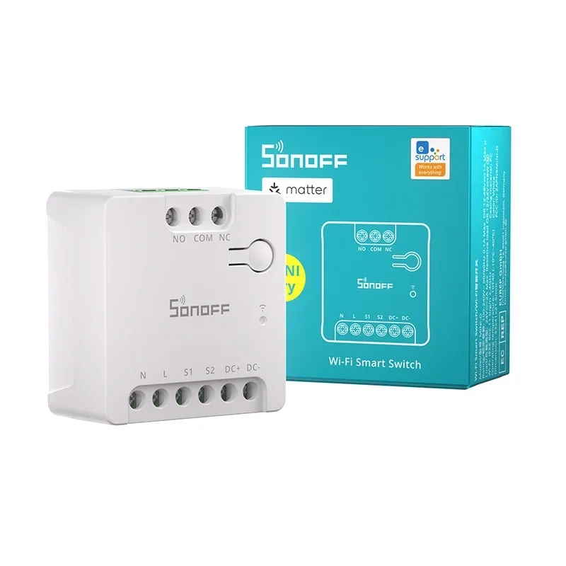 Sonoff MINI-D – Releu Wi-Fi dry-contact Matter, intrare AC și DC, control porți și garaj, motor până la 8W, 24V 2A, alb
