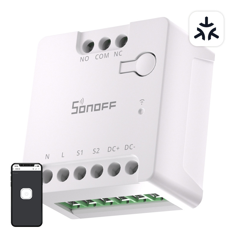 Sonoff MINI-D – Releu Wi-Fi dry-contact Matter, intrare AC și DC, control porți și garaj, motor până la 8W, 24V 2A, alb