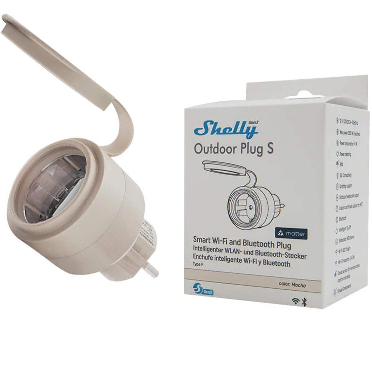 Shelly Plug S Gen3 – Priză inteligentă WiFi pentru exterior, 12A, 2500W, IP44, cu monitorizare consum