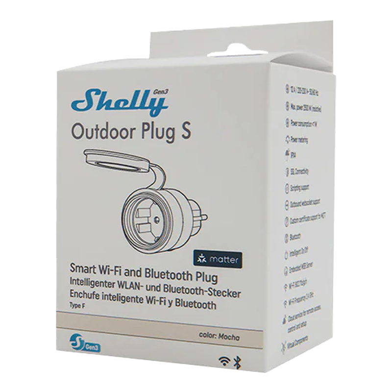 Shelly Plug S Gen3 – Priză inteligentă WiFi pentru exterior, 12A, 2500W, IP44, cu monitorizare consum