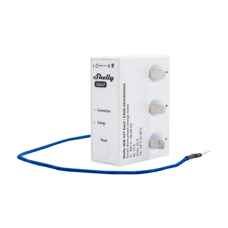 Shelly 3EM-63T Gen3 – Contor inteligent de energie trifazat WiFi, 63A, montaj pe șină DIN, terminal plat