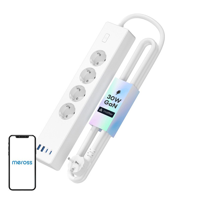 Meross MSP844(EU) bandă de alimentare inteligentă cu încărcare rapidă, 4 prize + 2x USB-A + 2x USB-C (Matter)