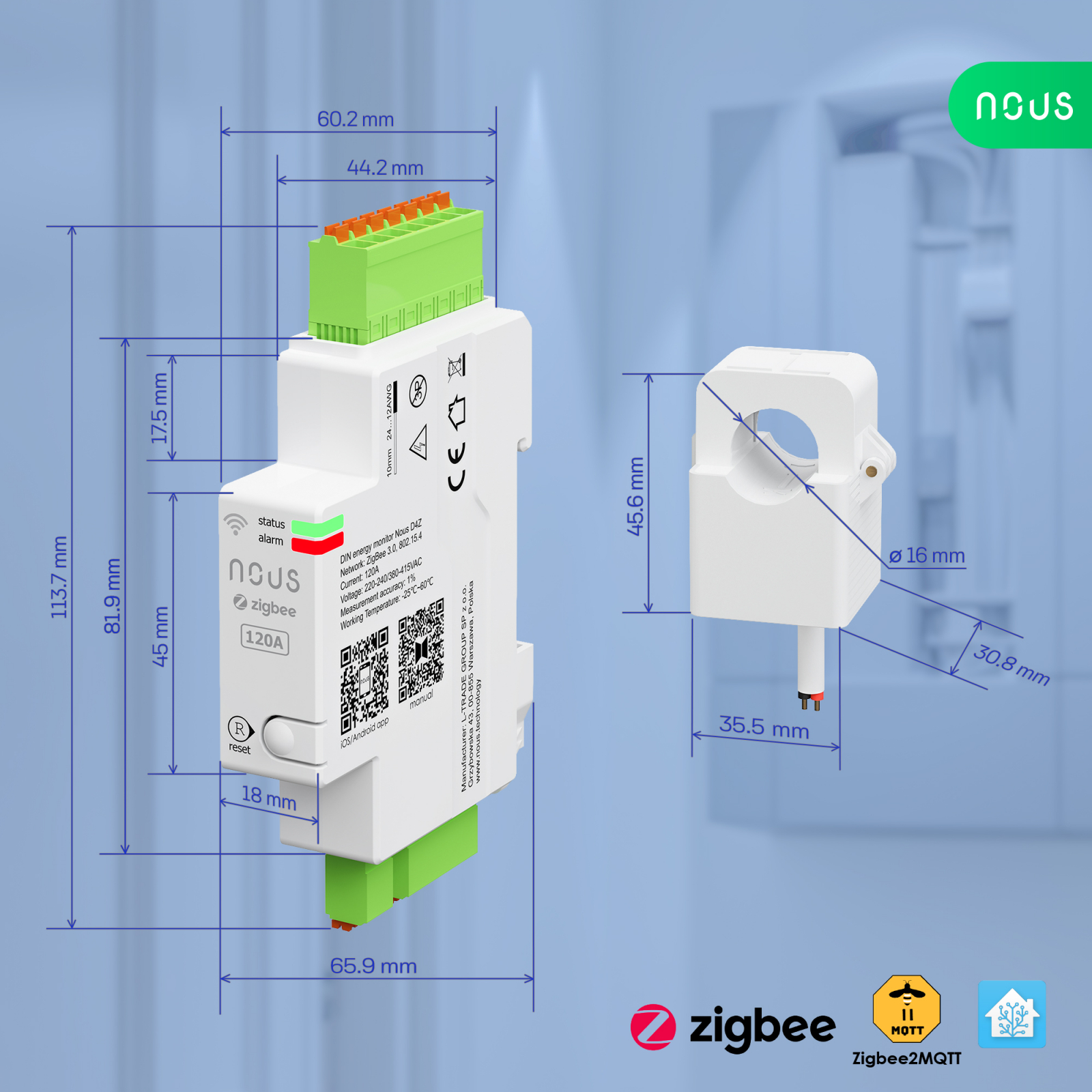 Contor electric NOUS D4Z ZigBee Smart DIN 120A, monitor consum in timp real , montare pe sina DIN