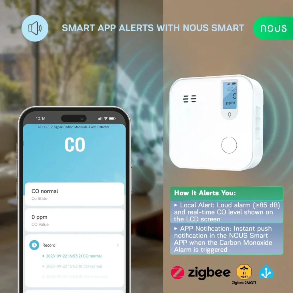 Detector Smart Monoxid de Carbon NOUS E12 Zigbee, Senzor Electrochimic, Alarma ,  85,  dB, Monitorizare CO (ppm), Zigbee 3.0, Montaj pe perete