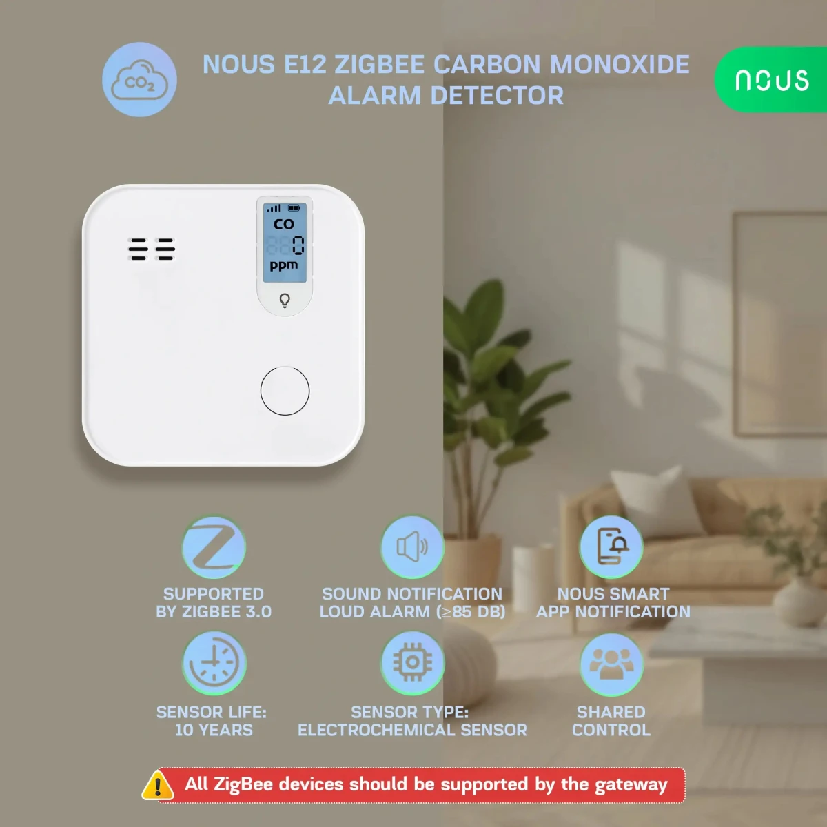 Detector Smart Monoxid de Carbon NOUS E12 Zigbee, Senzor Electrochimic, Alarma ,  85,  dB, Monitorizare CO (ppm), Zigbee 3.0, Montaj pe perete