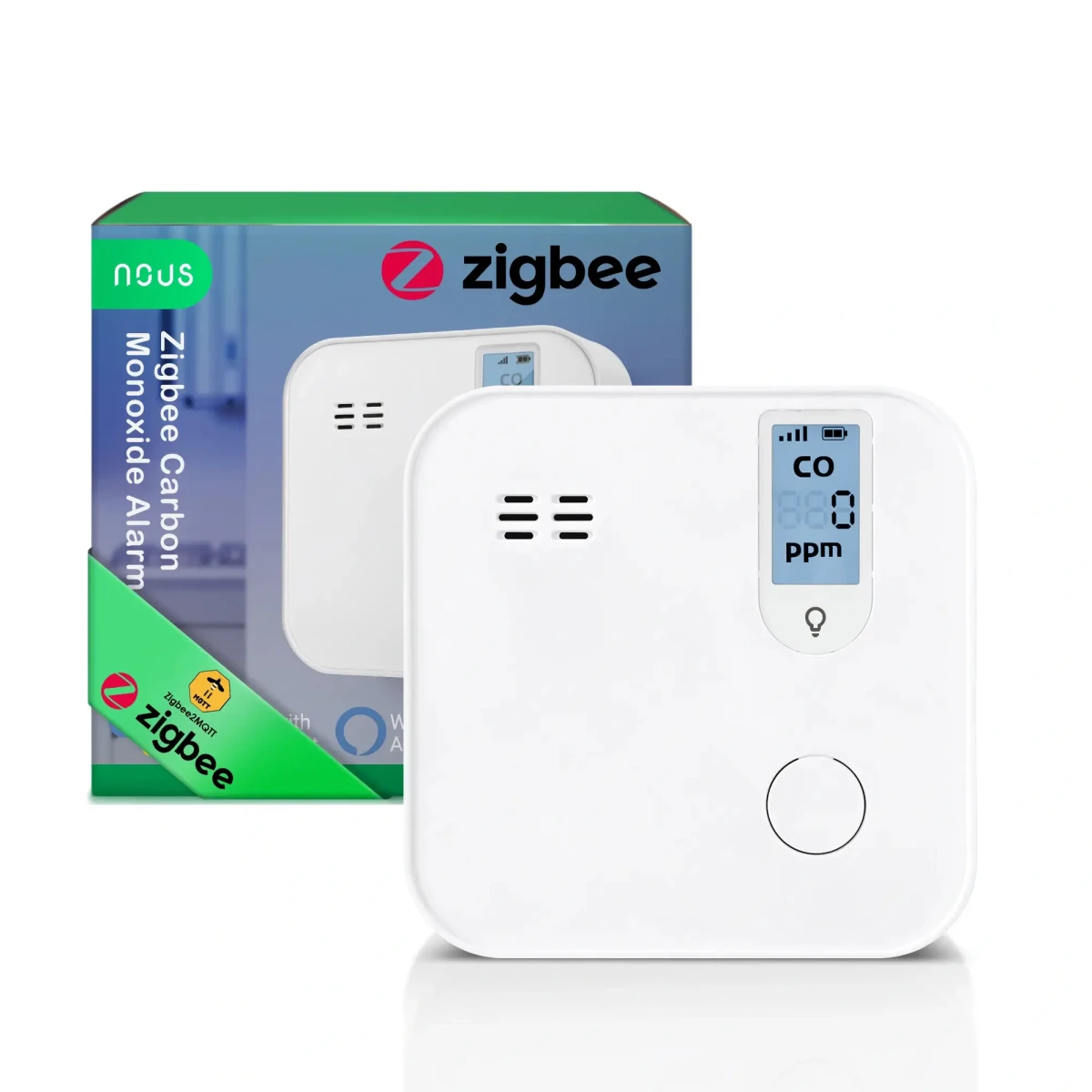 Detector Smart Monoxid de Carbon NOUS E12 Zigbee, Senzor Electrochimic, Alarma ,  85,  dB, Monitorizare CO (ppm), Zigbee 3.0, Montaj pe perete