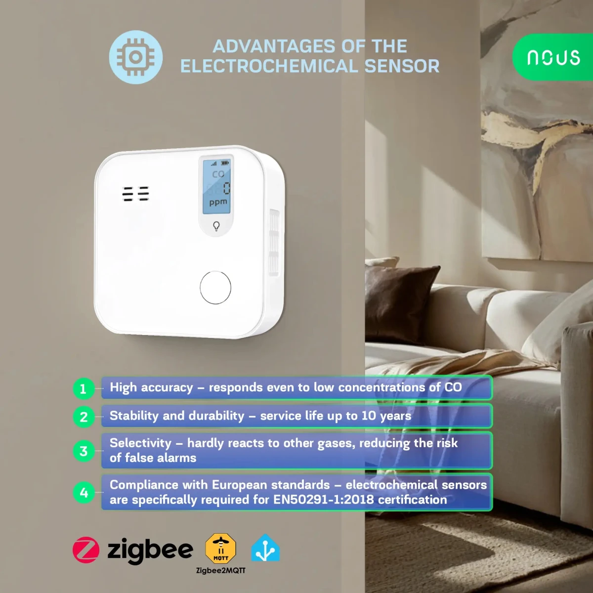 Detector Smart Monoxid de Carbon NOUS E12 Zigbee, Senzor Electrochimic, Alarma ,  85,  dB, Monitorizare CO (ppm), Zigbee 3.0, Montaj pe perete