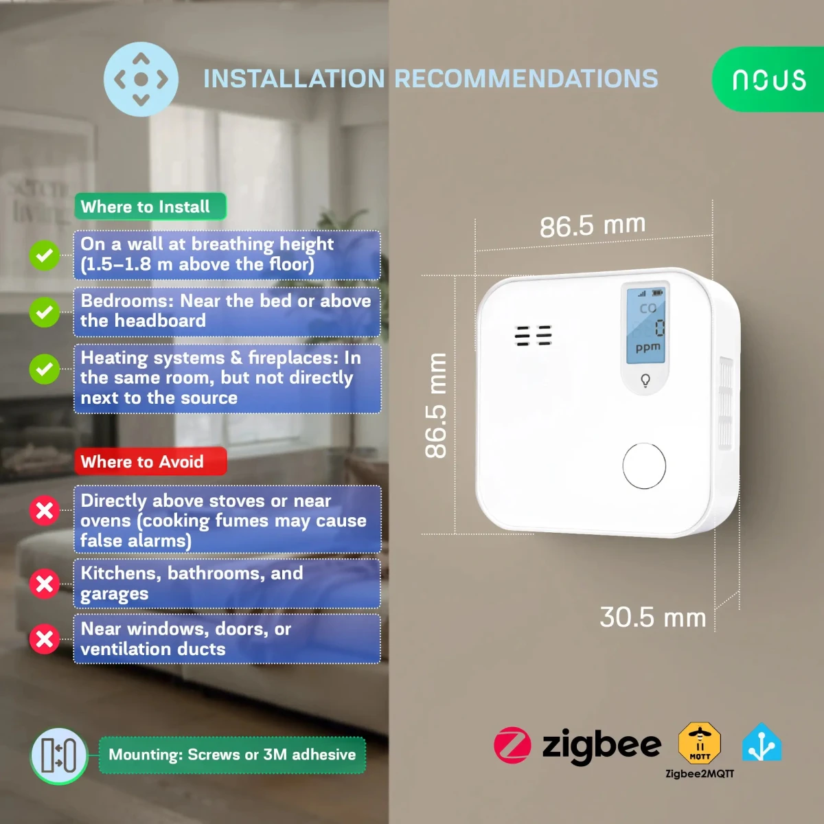 Detector Smart Monoxid de Carbon NOUS E12 Zigbee, Senzor Electrochimic, Alarma ,  85,  dB, Monitorizare CO (ppm), Zigbee 3.0, Montaj pe perete