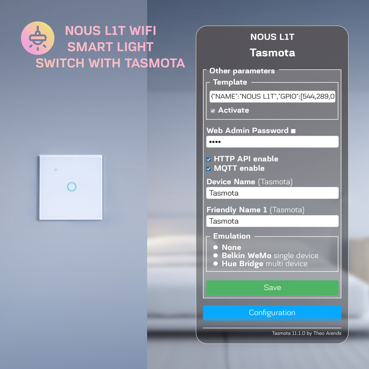 Intrerupator Inteligent Nous L1T Wifi, Tasmota, Touch, 1 canal