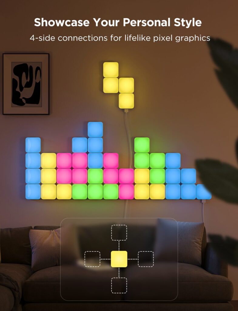 Kit panouri mici luminoase LED Govee H8069, RGBIC, Wi-Fi + Bluetooth, 10 panouri, Alexa , Google Asistant, Matter