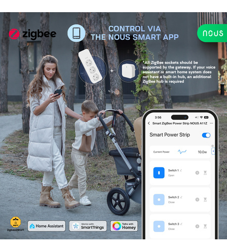 Prelungitor Smart Nous A11Z, ZigBee 3.0, monitorizare consum, compatibil Alexa Google Assistant