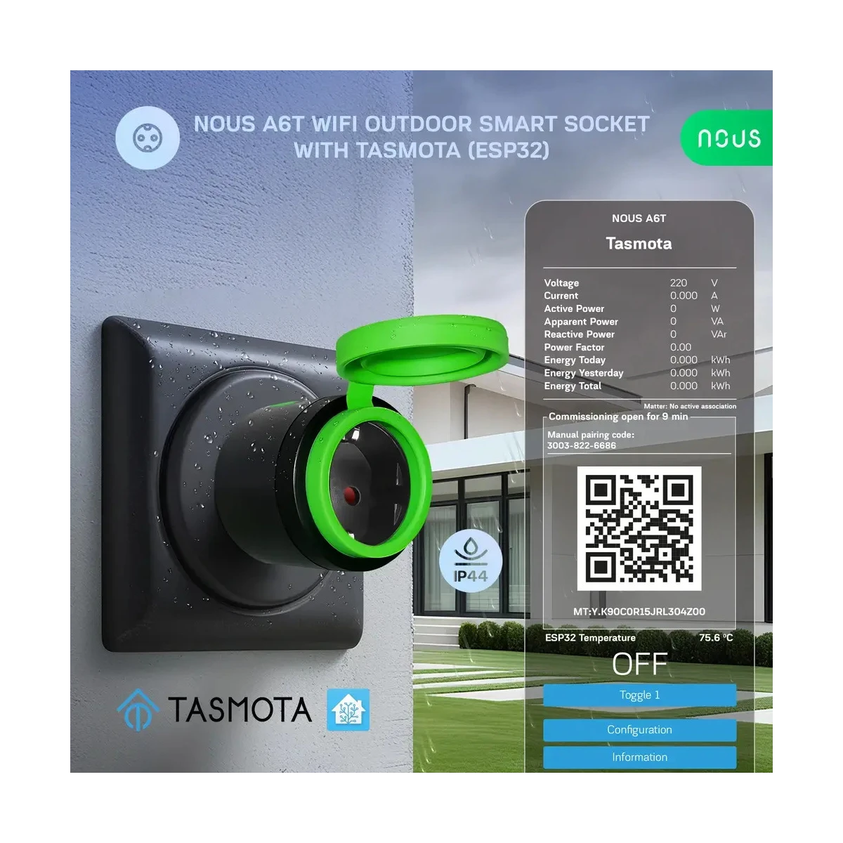 Priza Inteligenta WiFi pentru exterior NOUS A6T, IP44, 16A - Tasmota