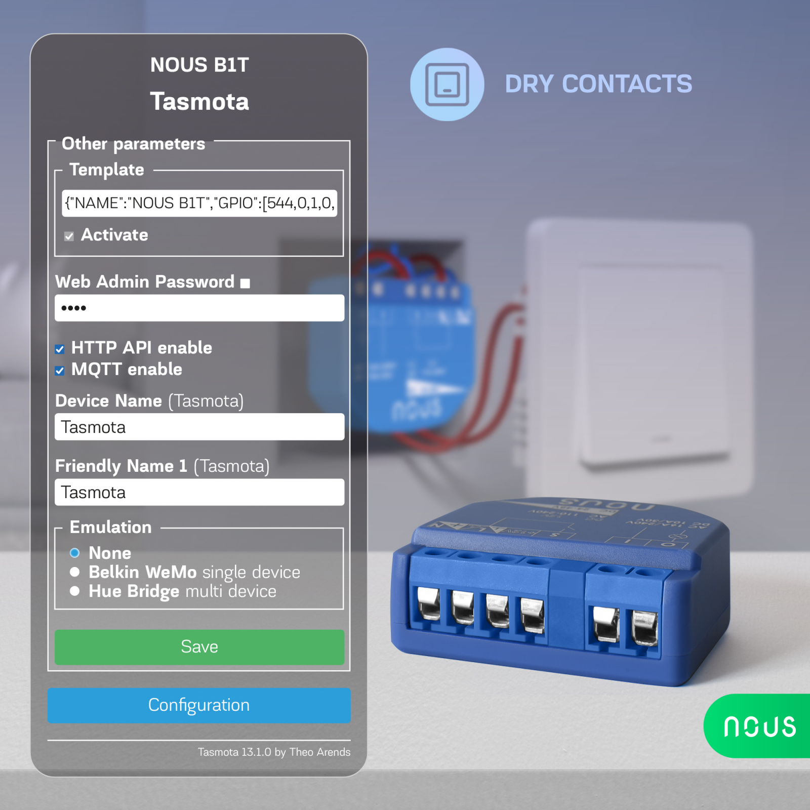 Releu wireless Nous B2T PM, 16A, Tasmota, Matter, Monitorizare energie - 1 canal, ESP32