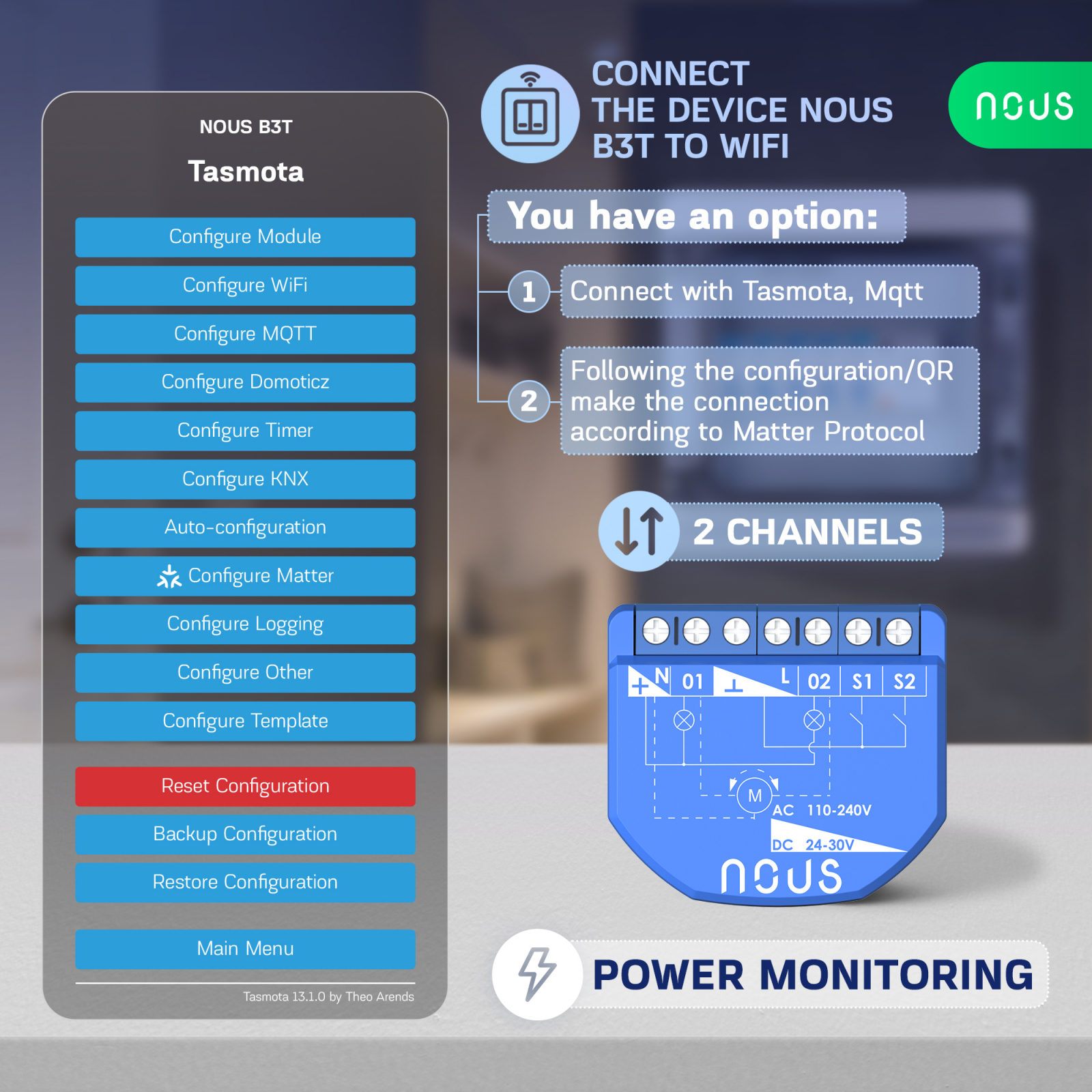 Releu wireless Nous B3T PM, 16A, Tasmota, Matter, Monitorizare energie,Modul Cortina - 2 canal, ESP32