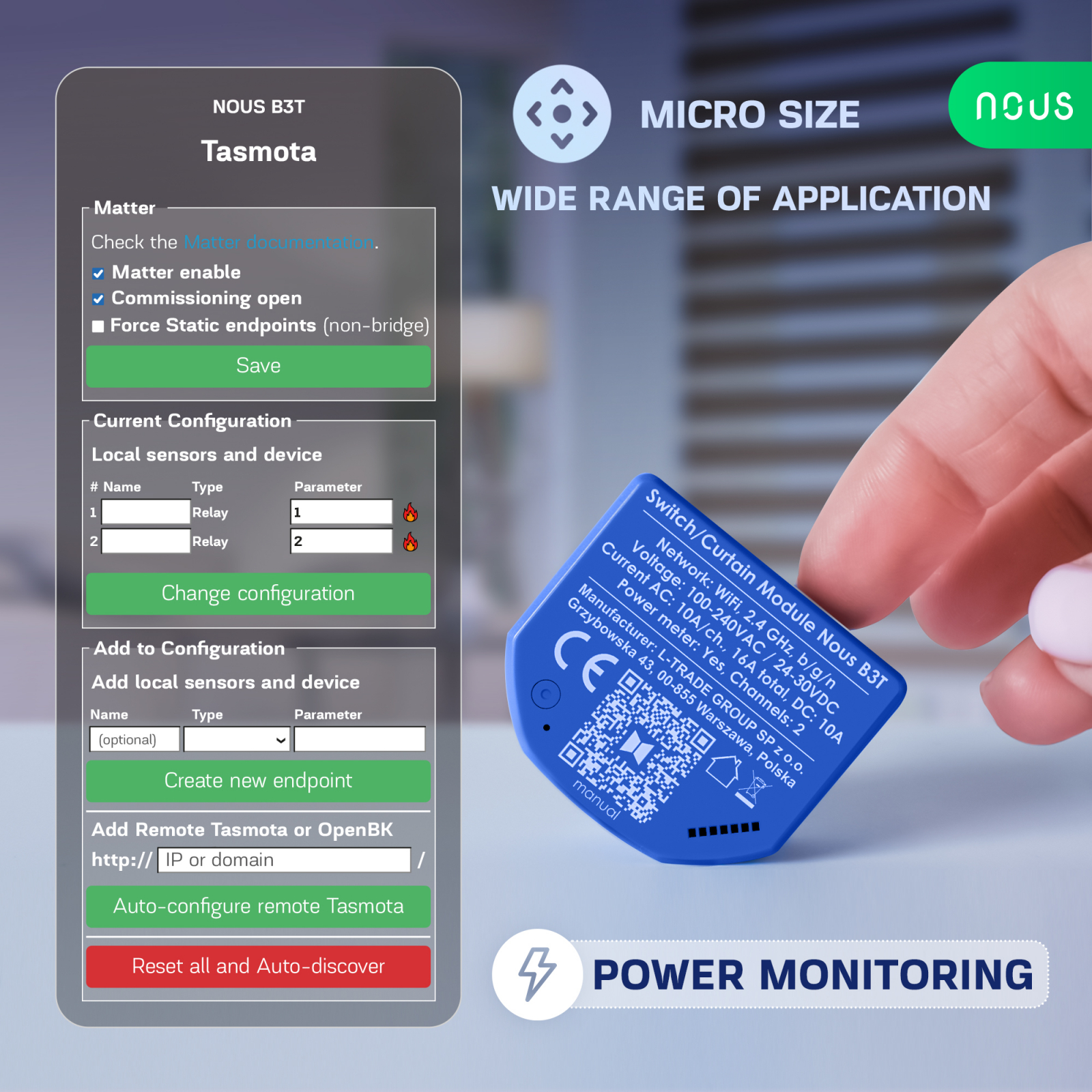 Releu wireless Nous B3T PM, 16A, Tasmota, Matter, Monitorizare energie,Modul Cortina - 2 canal, ESP32