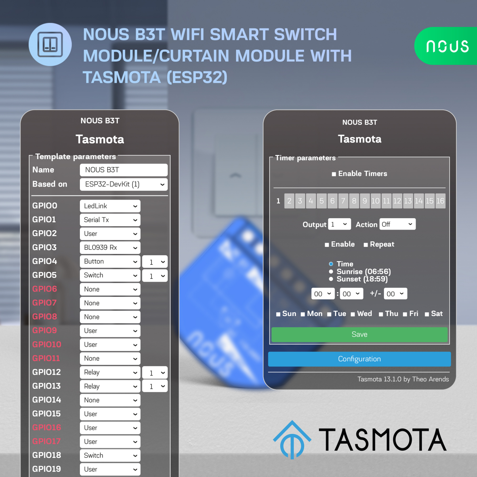 Releu wireless Nous B3T PM, 16A, Tasmota, Matter, Monitorizare energie,Modul Cortina - 2 canal, ESP32