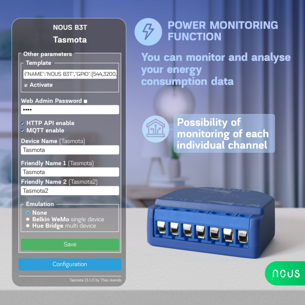 Releu wireless Nous B3T PM, 16A, Tasmota, Matter, Monitorizare energie,Modul Cortina - 2 canal, ESP32
