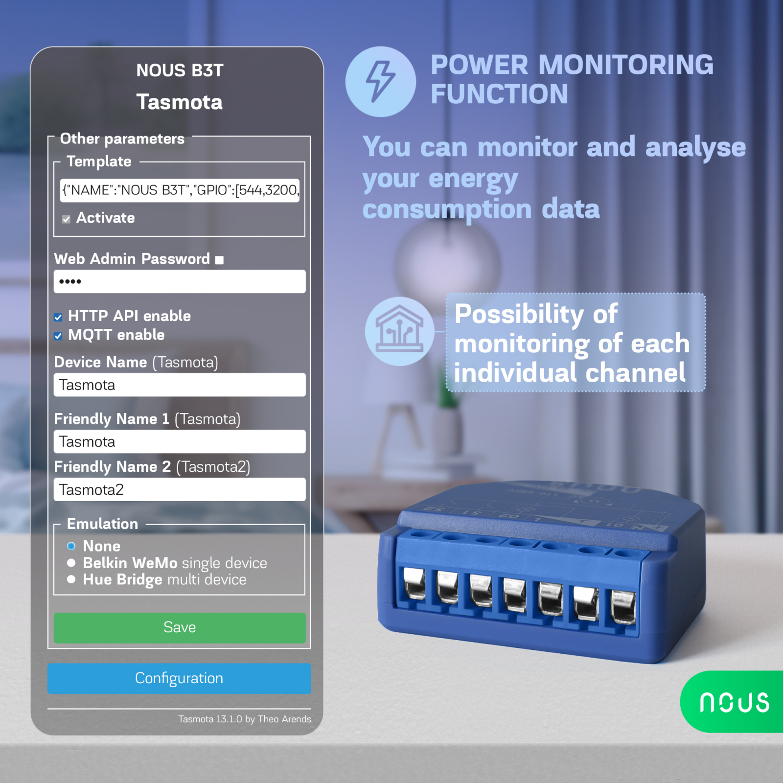 Releu wireless Nous B3T PM, 16A, Tasmota, Matter, Monitorizare energie,Modul Cortina - 2 canal, ESP32