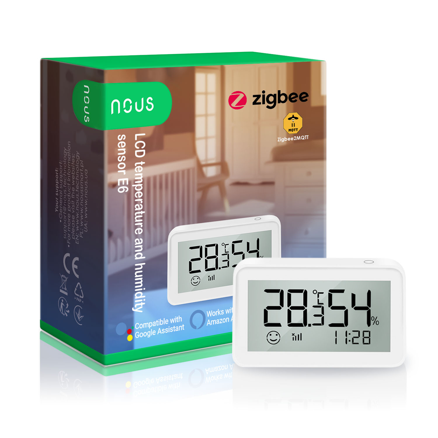 Senzor Smart de Temperatura si Umiditate Nous cu afisaj E6, LCD, ZigBee