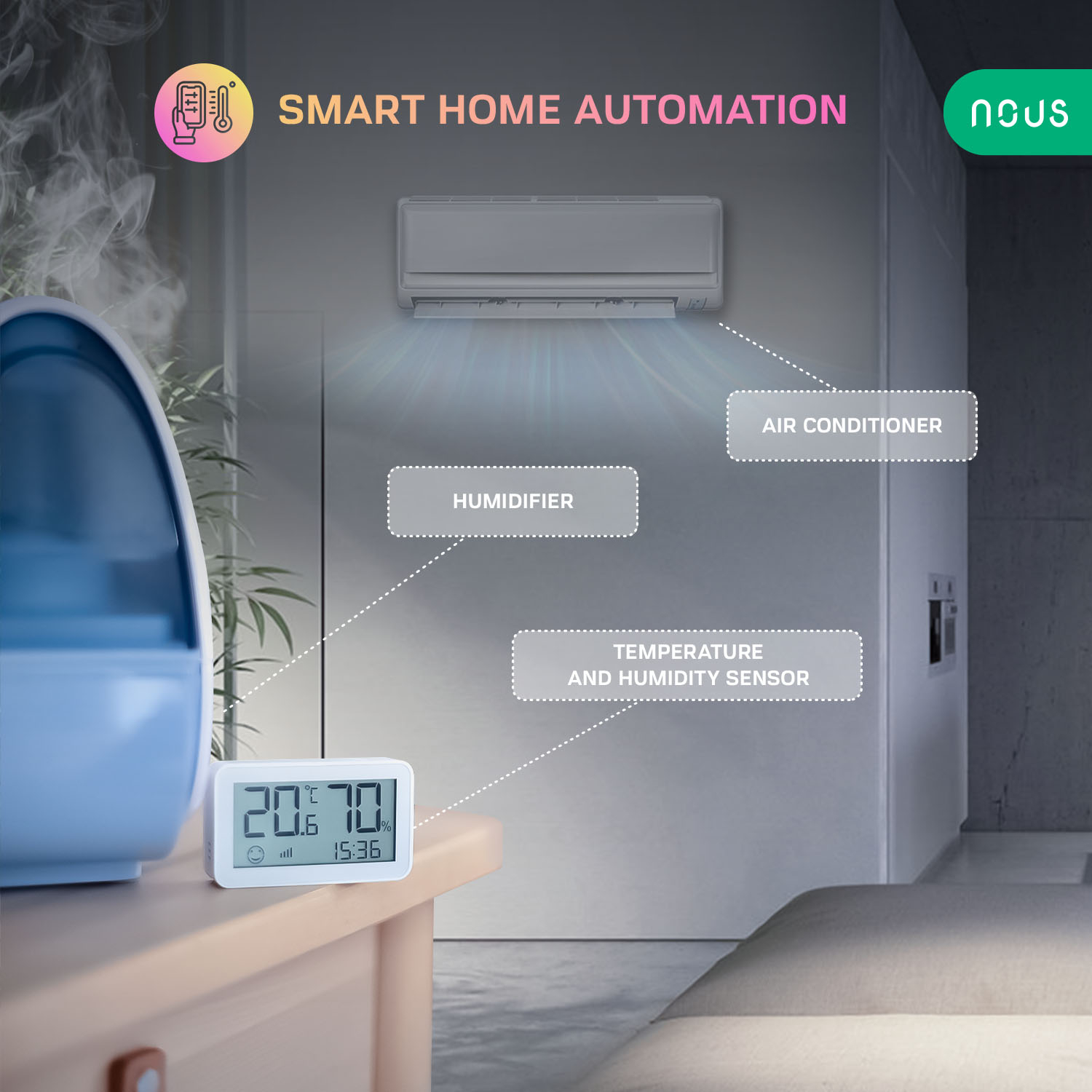 Senzor Smart de Temperatura si Umiditate Nous cu afisaj E6, LCD, ZigBee