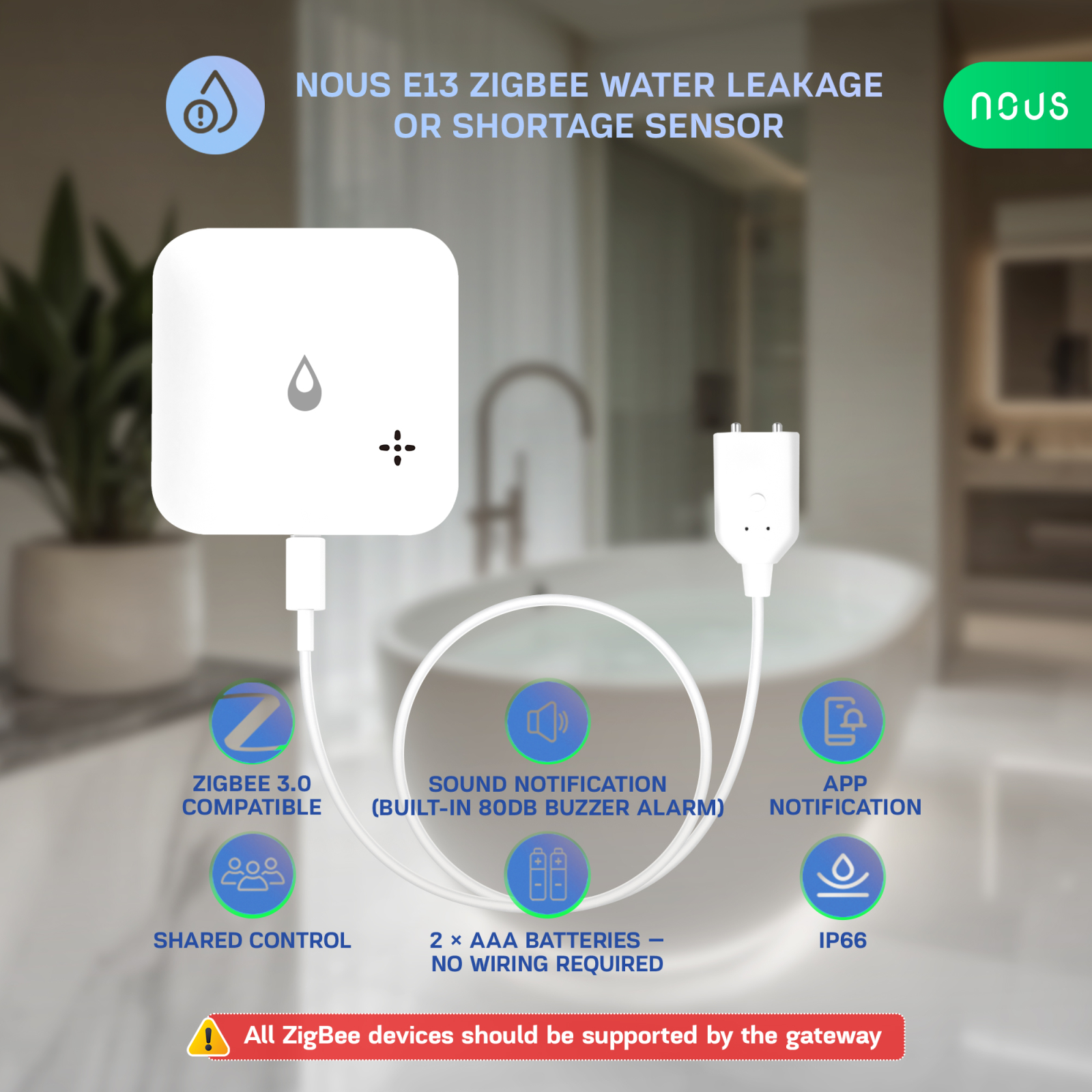 Senzor smart NOUS E13, Zigbee 3.0, detectie scurgeri si lipsa apa, alarma locala, notificari mobile, IP66, alimentare baterii