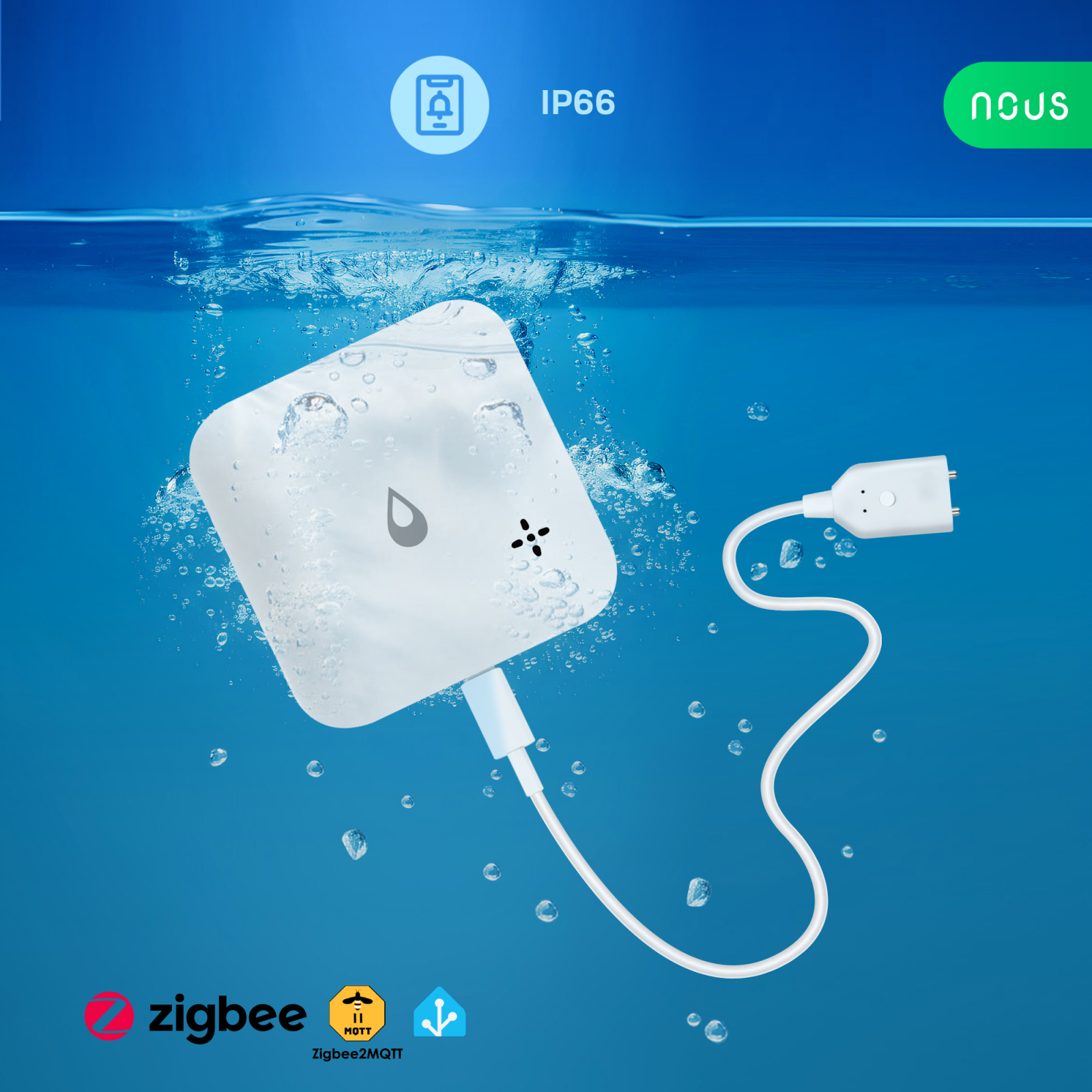 Senzor smart NOUS E13, Zigbee 3.0, detectie scurgeri si lipsa apa, alarma locala, notificari mobile, IP66, alimentare baterii