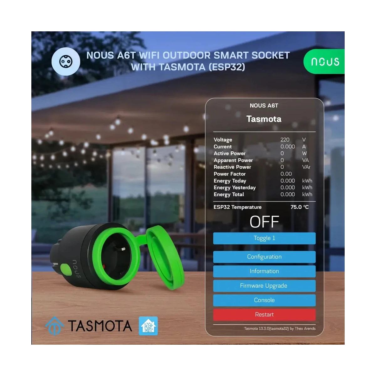 Set 2 prize Inteligente WiFi pentru exterior NOUS A6T, IP44, 16A - Tasmota