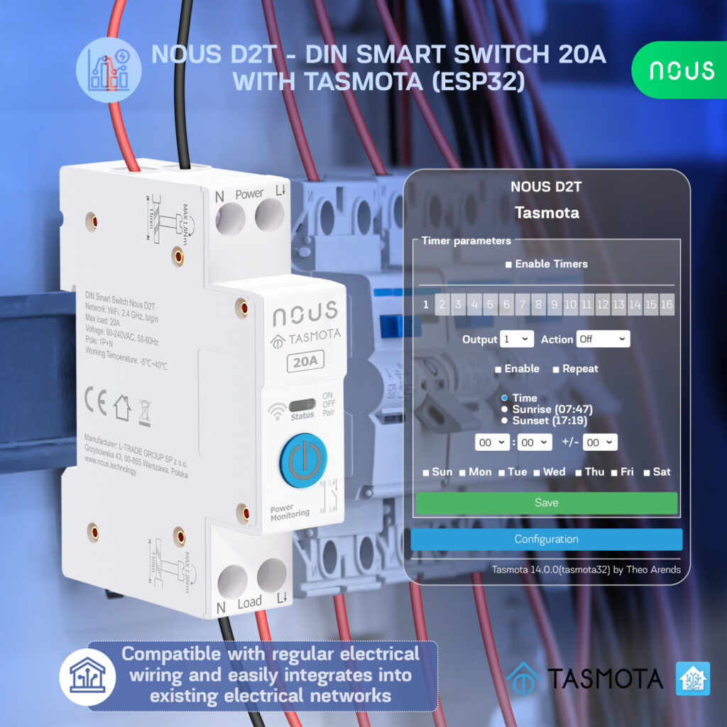 Siguranta inteligenta Nous D2T, 20A, Tasmota,  1 canal, Monitorizare energie, montare pe sina DIN, ESP32