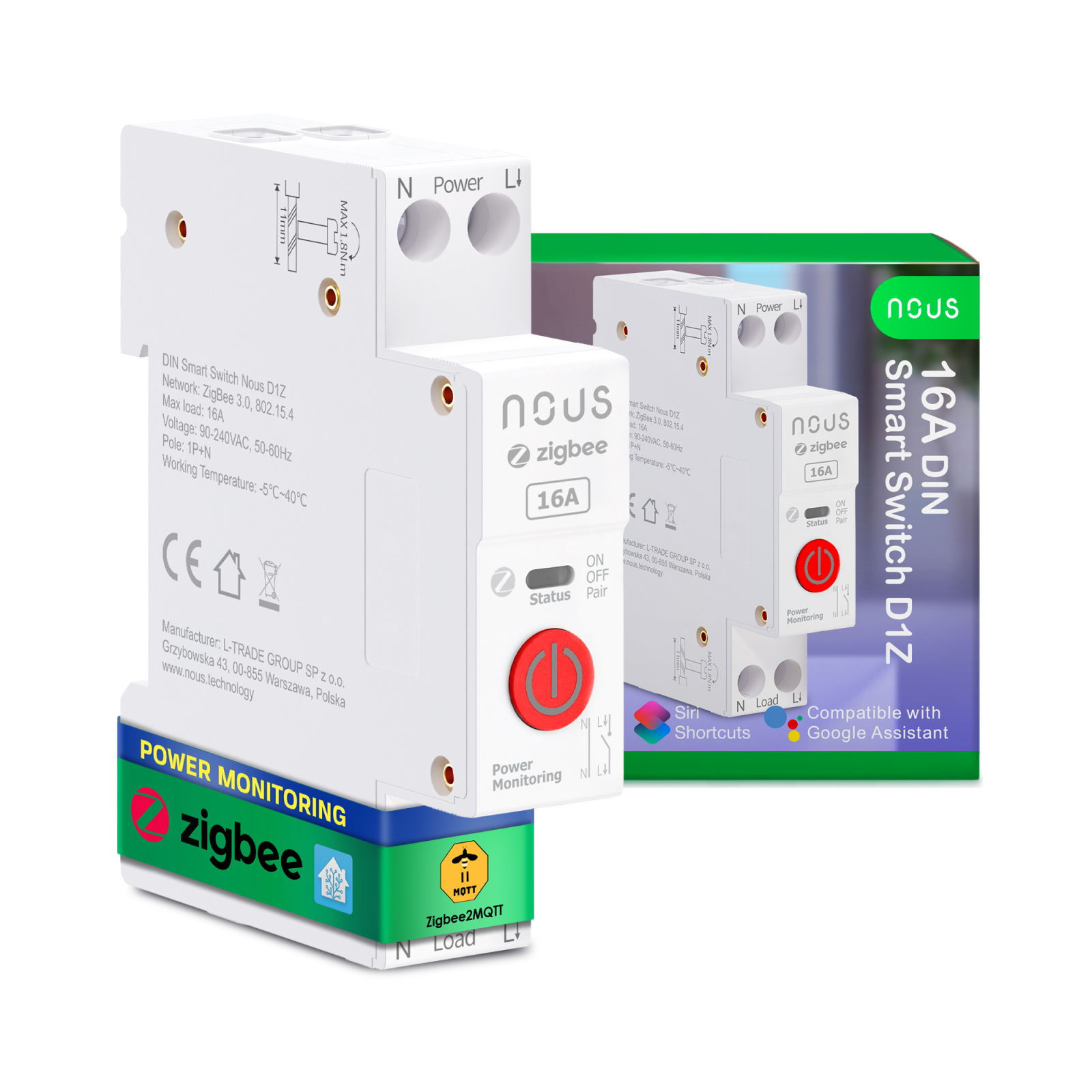 Siguranta inteligenta Nous D1Z, 16A, ZigBee,  1 canal, Monitorizare energie, montare pe sina DIN