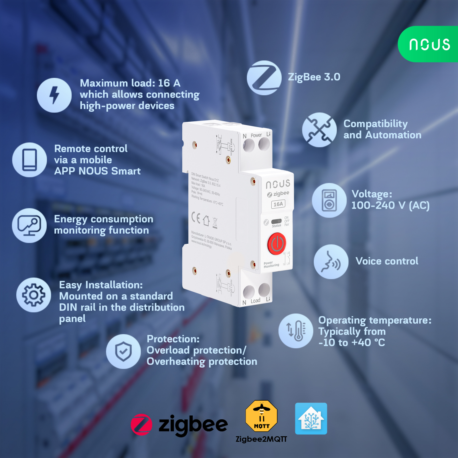 Siguranta inteligenta Nous D1Z, 16A, ZigBee,  1 canal, Monitorizare energie, montare pe sina DIN
